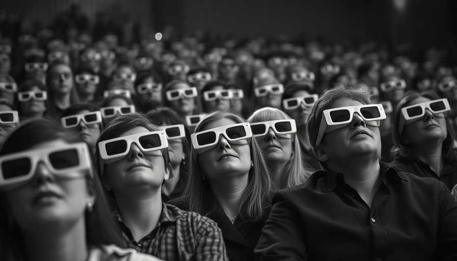 Vintage crowd watching a 3D movie, future technology focus.
