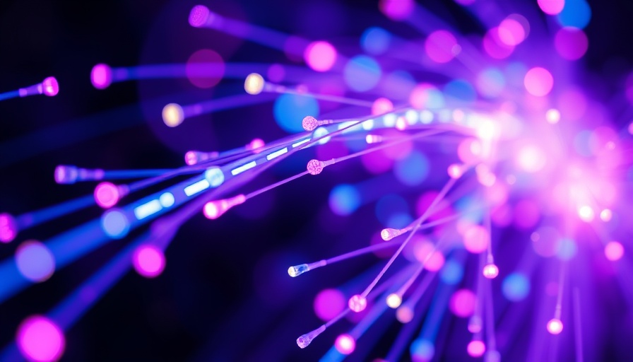Luminous fiber optic cables glowing with vibrant light, AI technology trends.