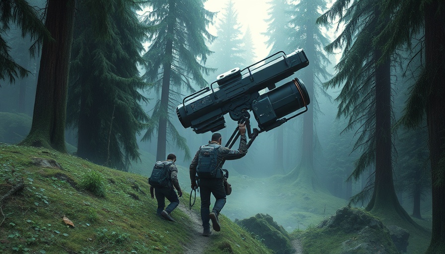 Futuristic technology device in misty forest setting.