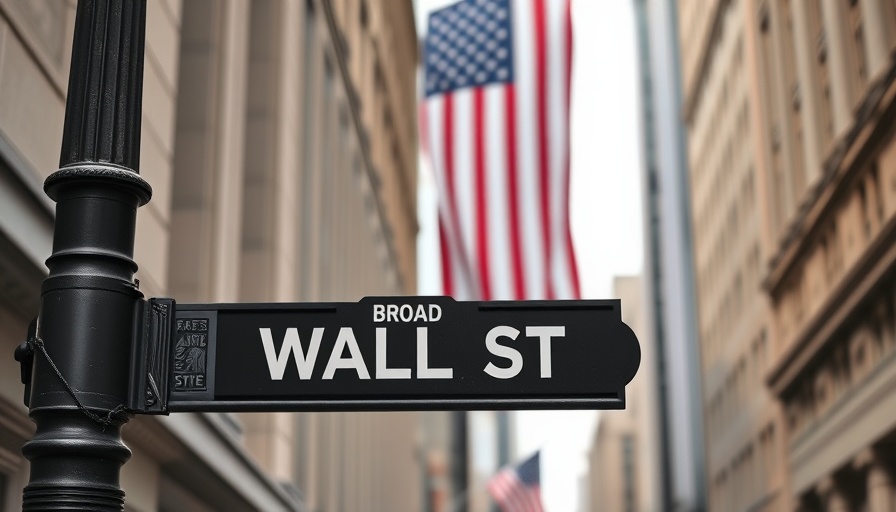 Wall Street and Broad Street signs with American flag backdrop.
