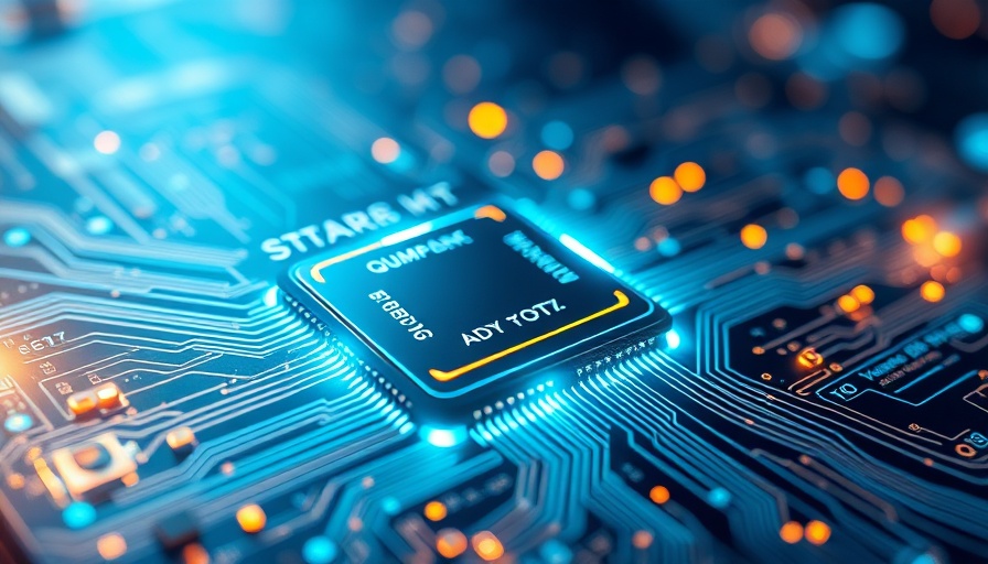 Dynamic futuristic circuit board with quantum chip overlay.