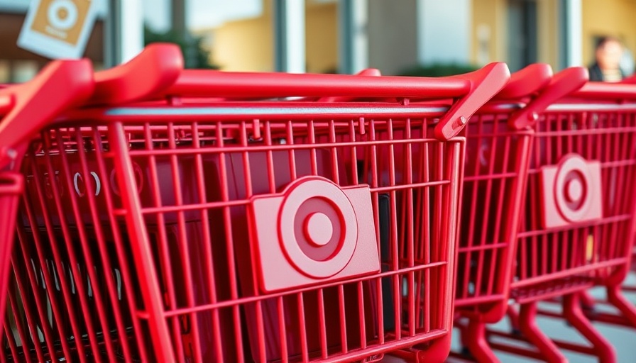 Target shopping carts aligned in a row, close-up view.