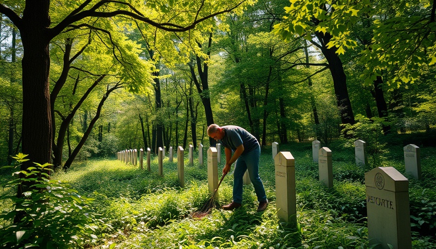 Volunteer restoring overgrown black cemetery in lush forest