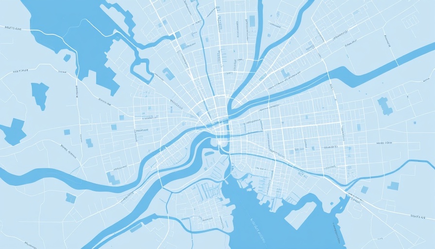 Minimalistic map showing New Orleans layout and waterways.