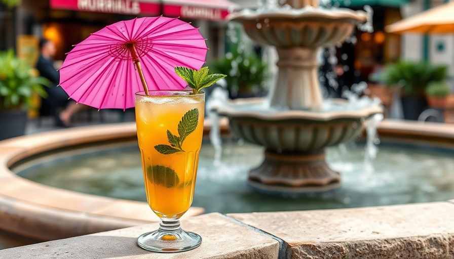 Refreshing tropical cocktail near a fountain at New Orleans event.