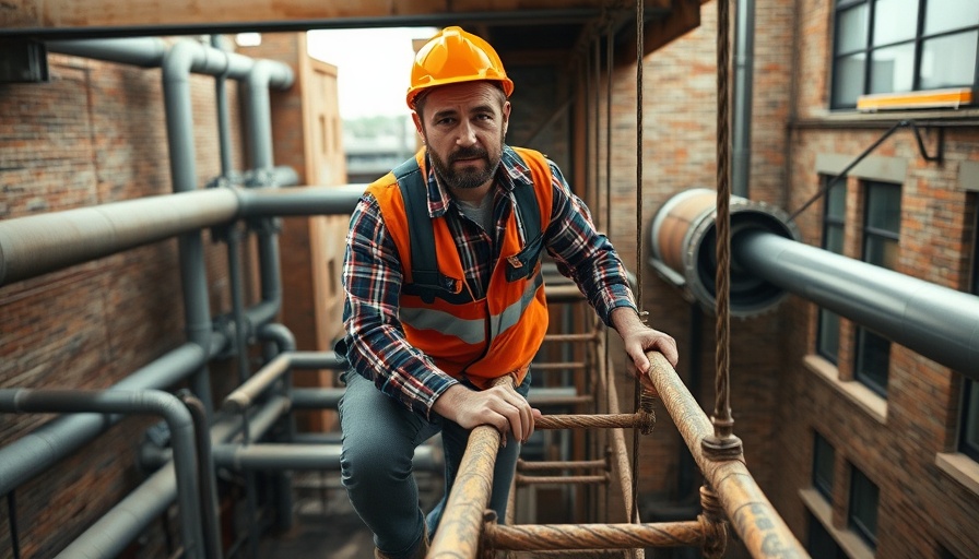 Construction worker balancing on scaffolding at Gallo Mechanical site.