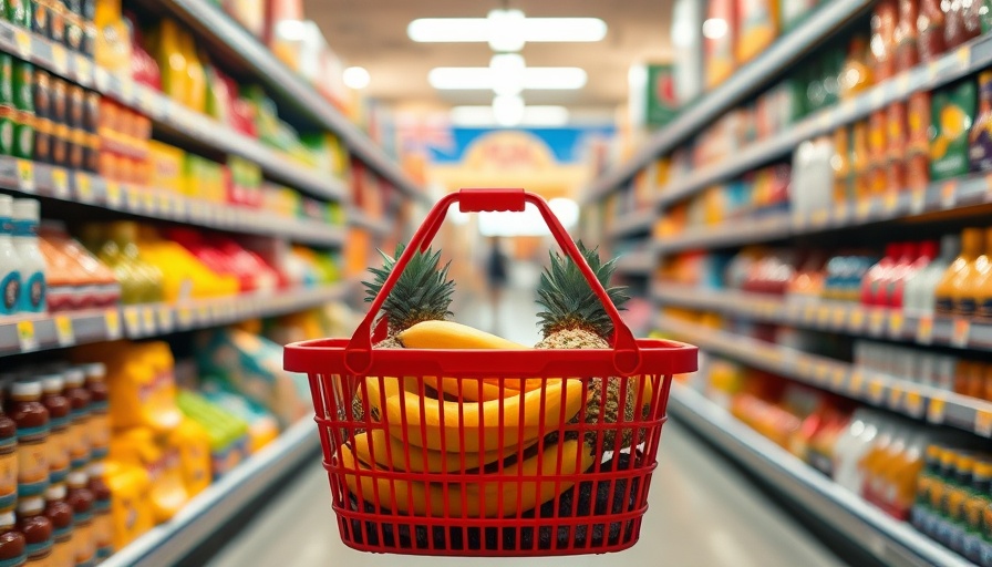 Red grocery basket with produce in New Orleans retail business aisle.