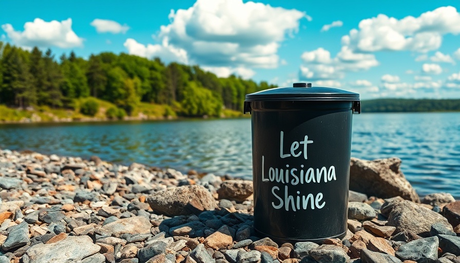 New Orleans litter prevention trash can by a lake with green landscape.