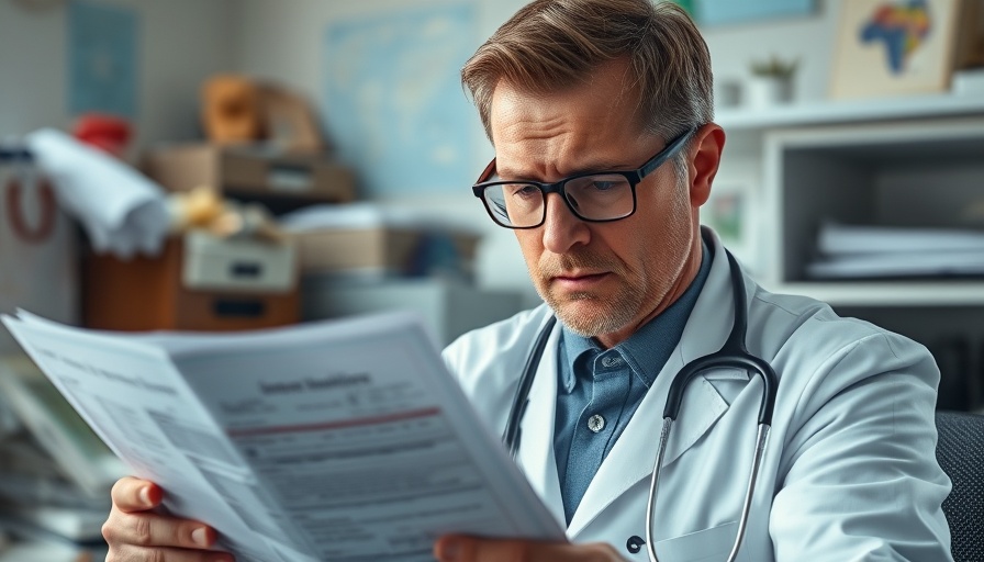 Frustrated medical professional reviewing insurance paperwork in an office.