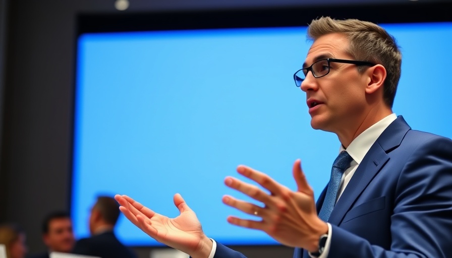 Young man passionately discussing future technology at a conference.