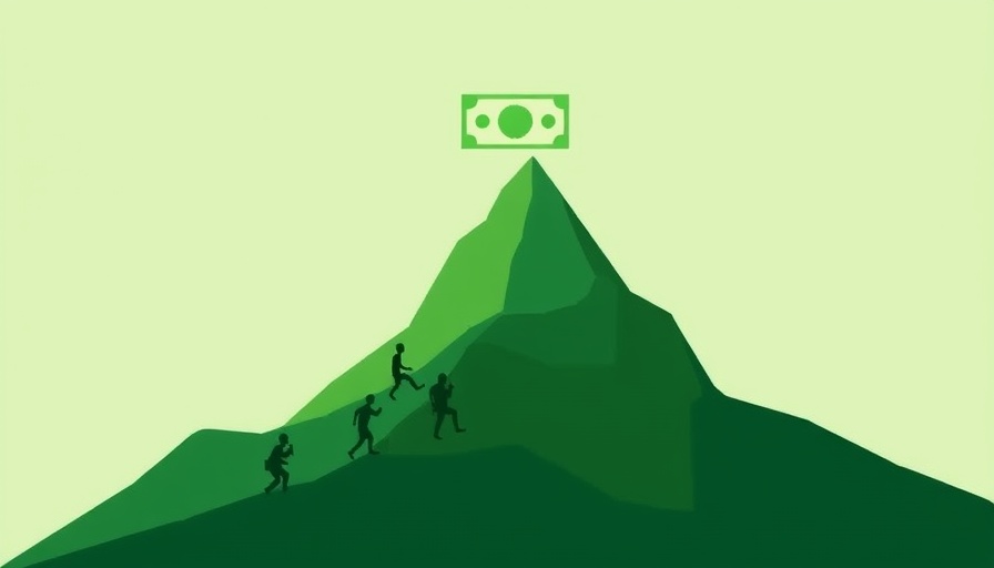 Tiny figures climbing a mountain for AI research funding illustration.