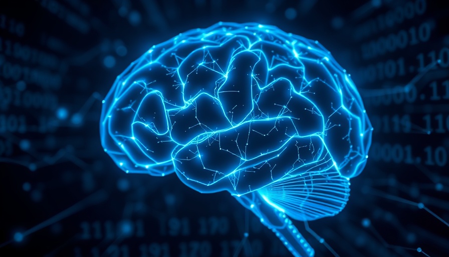Futuristic glowing brain with digital connections and data streams.