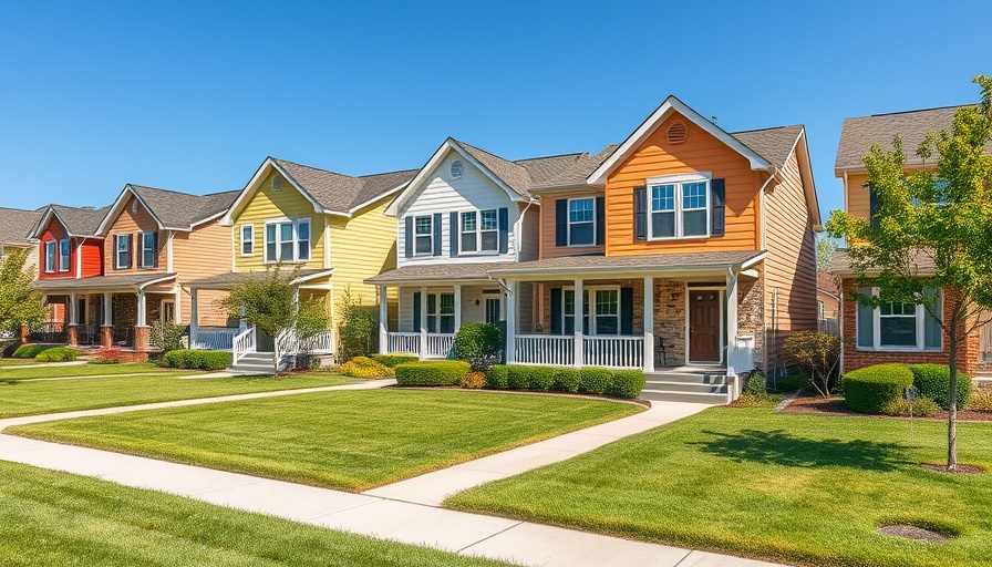 Suburban homes in Georgia with manicured lawns, blue skies.