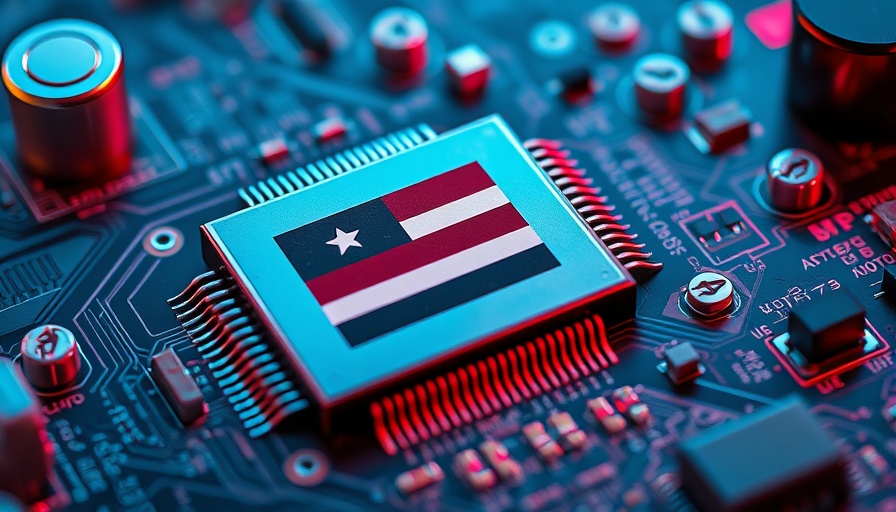 Microchip with a flag design on a circuit board, cybersecurity AI tools context.