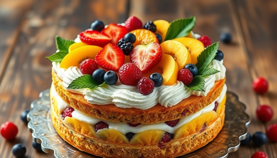 Tropical fruit cake with berries on rustic table.