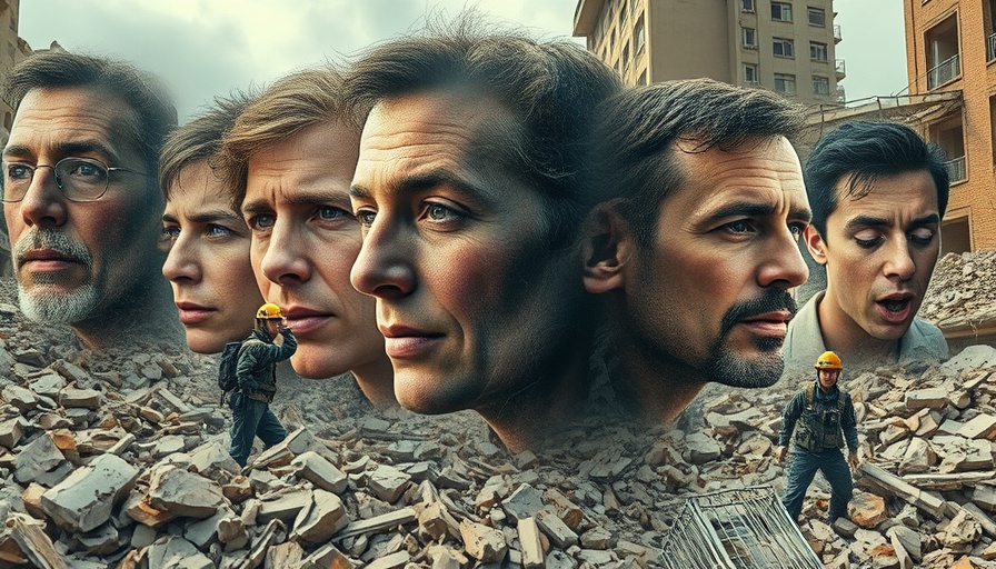 Surreal portrayal of chaos with faces and ruins, Trump Administration bombing of Iran.
