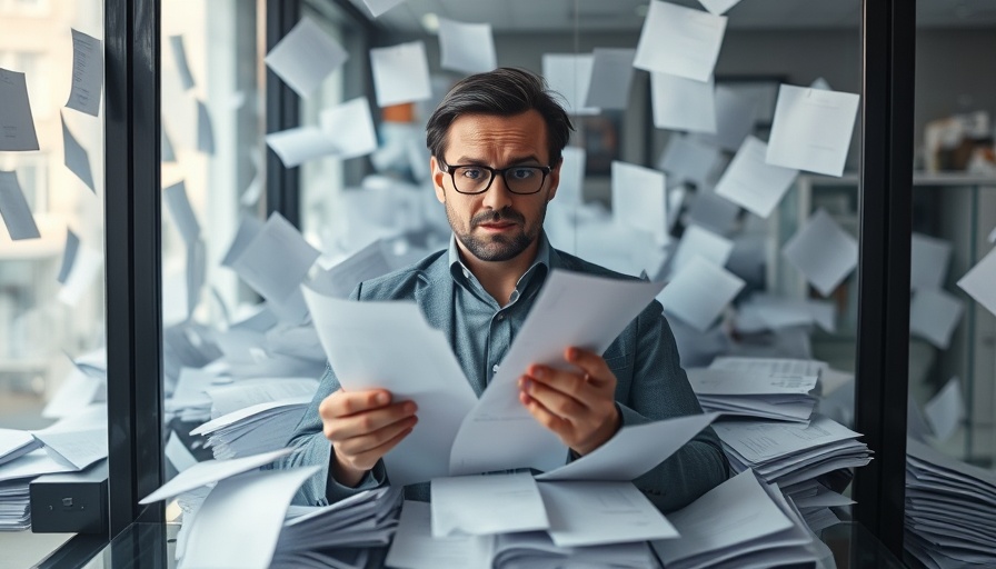 Overwhelmed worker amid piles of paper, symbolizing AI-generated job applications.