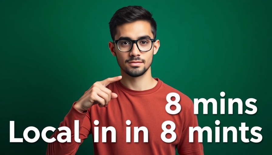 Young man gesturing to 'Local AI in 8 mins' text, minimalistic design.
