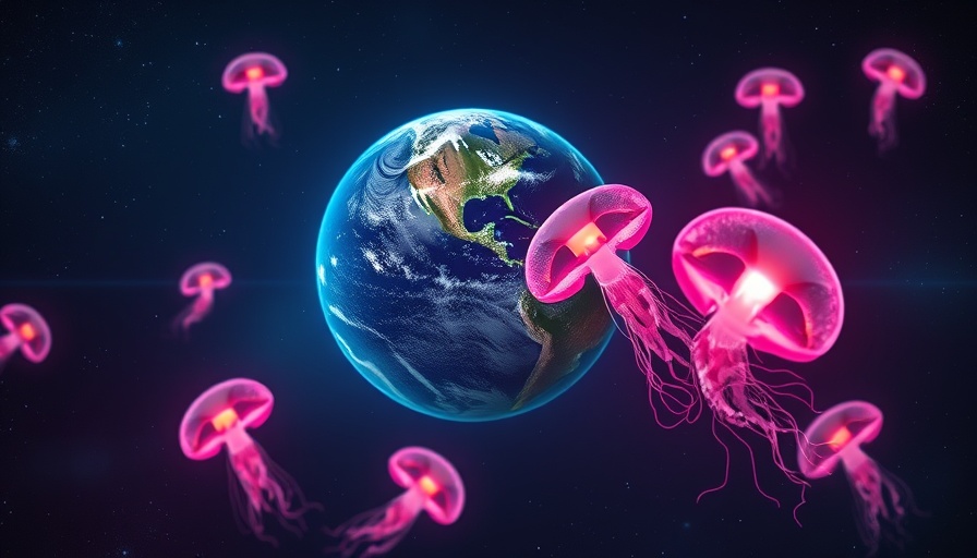 Google AI Ultra futuristic digital display with Earth and space jellyfish.