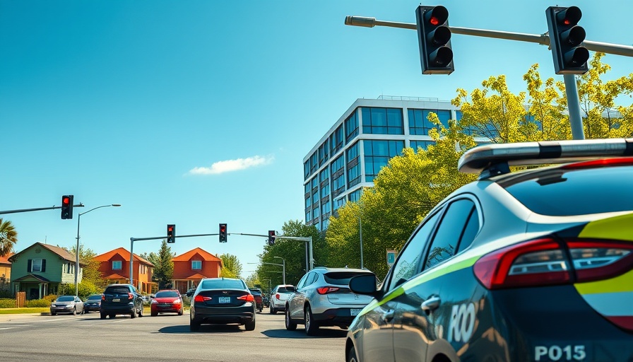 Charlotte transit news: congested traffic, suburban houses, police patrol car.