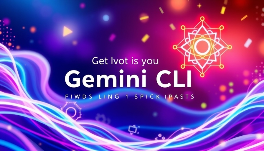 Promotional image for Gemini CLI featuring programming and AI symbols.