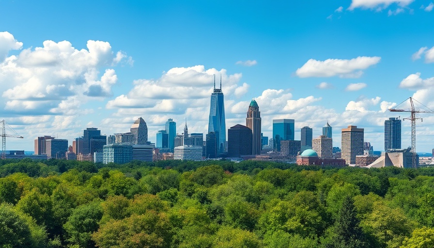 Charlotte skyline with lush greenery, blue sky backdrop.