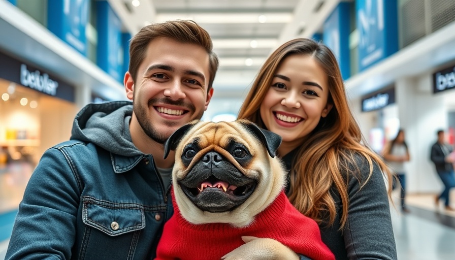 Couple with pug in red sweater at Nashville Pet Fest 2025, smiling in mall.