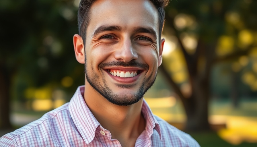 Smiling man in light pink checkered shirt outdoors