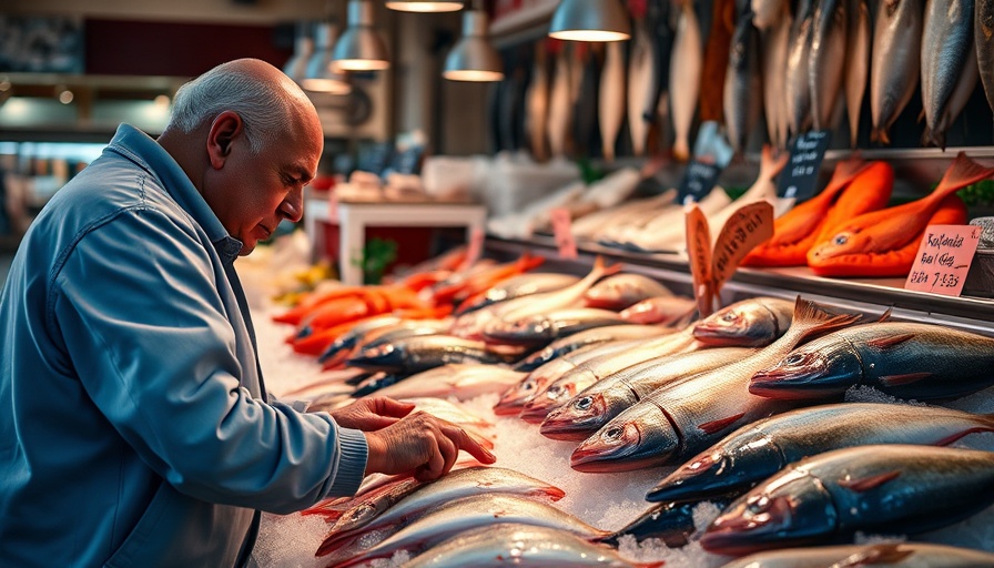 Fishmonger arranging seafood with fish having most protein per pound.