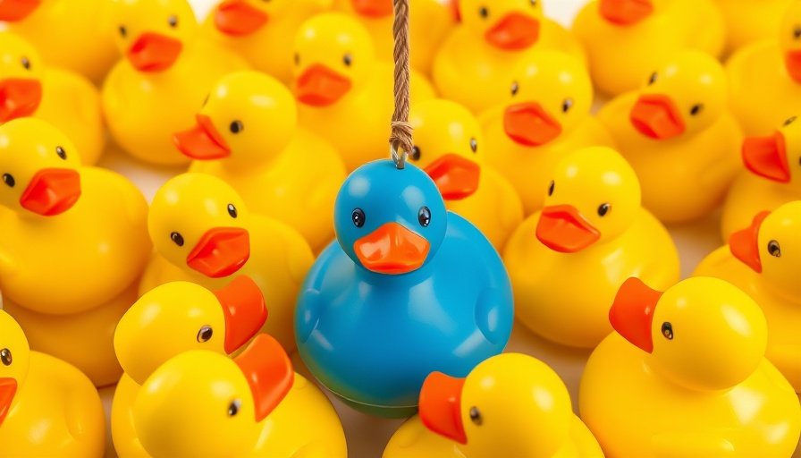 Unique blue duck among yellow ones, representing AI technology trends.
