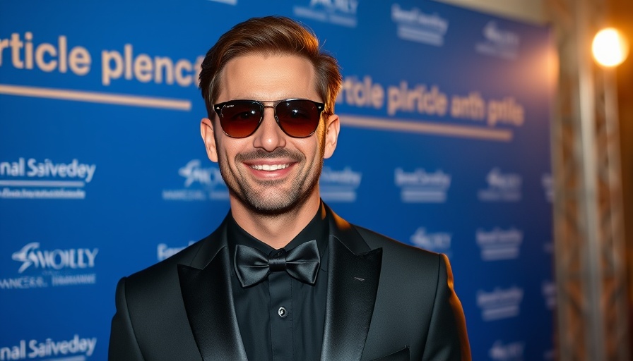 Smiling man in sunglasses at awards event, AI technology innovations backdrop.