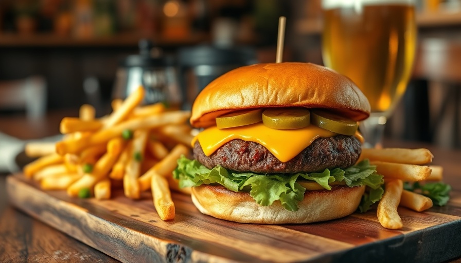 Buffalo burger with fries and beer in rustic setting.