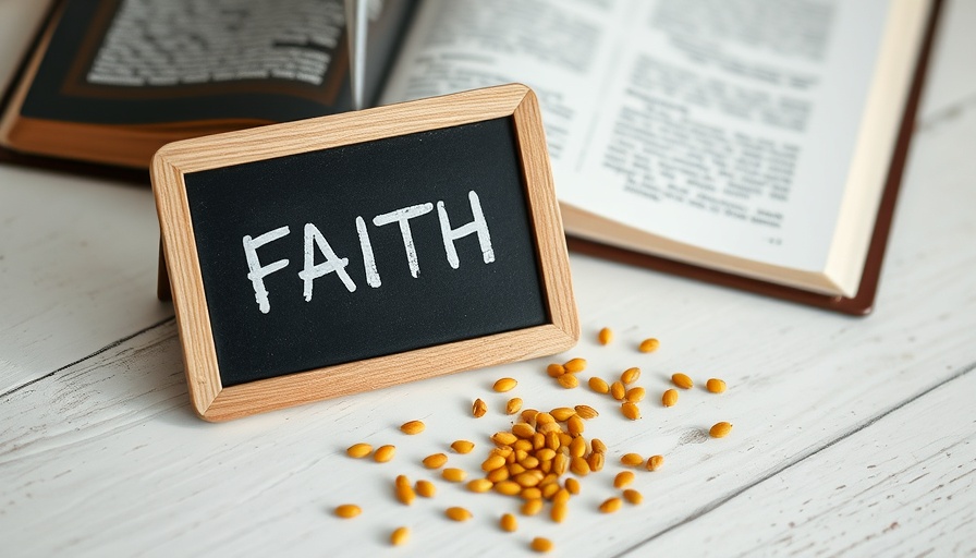 Simplicity of Salvation theme with 'FAITH' chalkboard and seeds on wood.