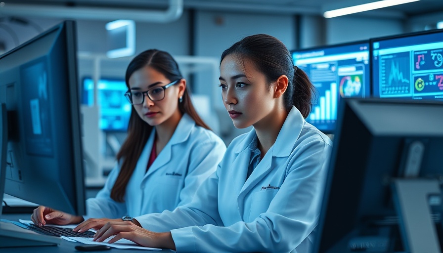 AI healthcare experts analyzing data in a futuristic lab.