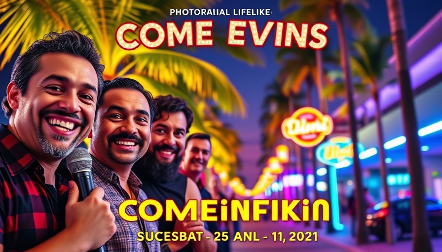 Miami Takeover Comedy Show poster with comedians and colorful Miami backdrop.