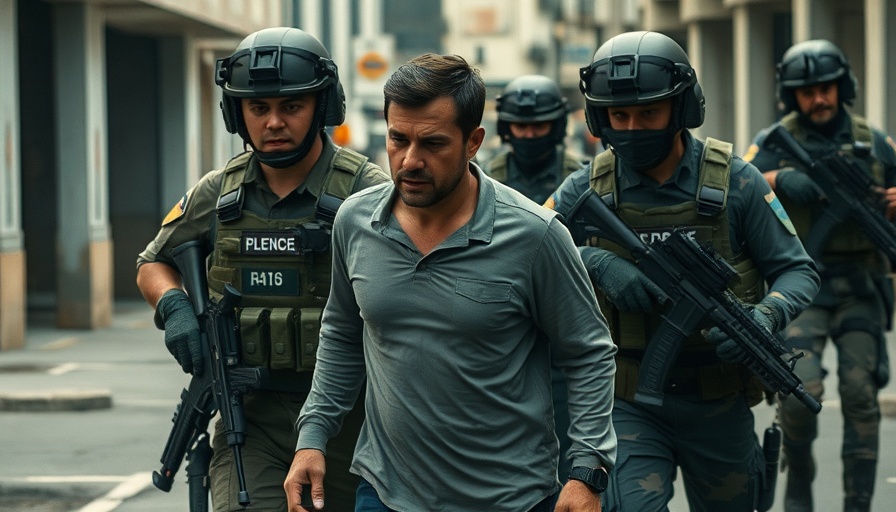 Military personnel escort detained man in urban setting, drug cartel hacking surveillance context.