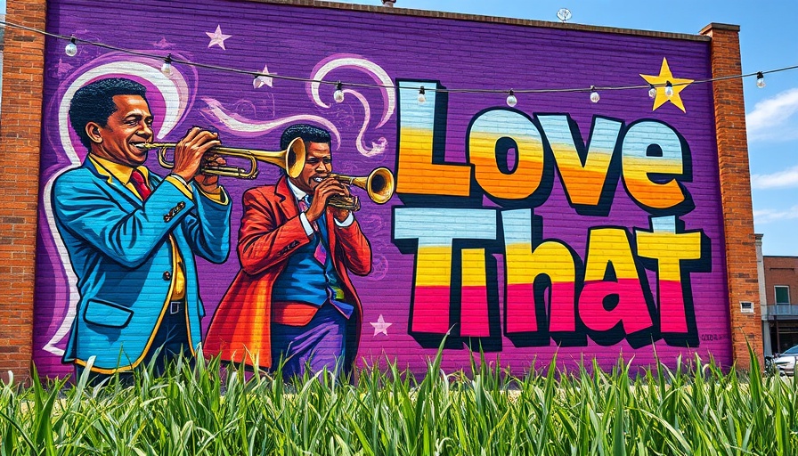 Lively New Orleans jazz mural on a purple wall