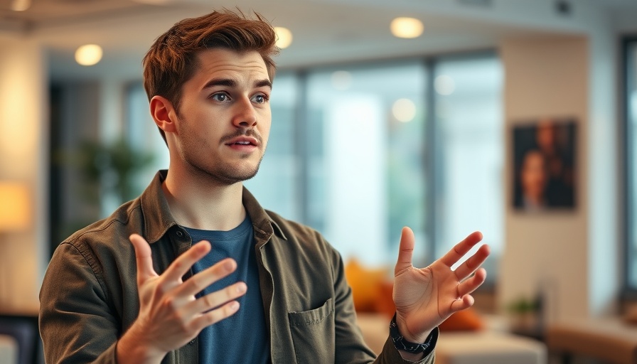 AI creativity depicted by a young man gesturing and speaking.