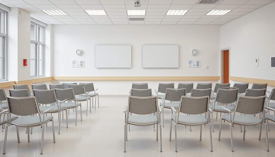 Empty hospital waiting room with metal chairs and blank screens, highlighting digital health tools.