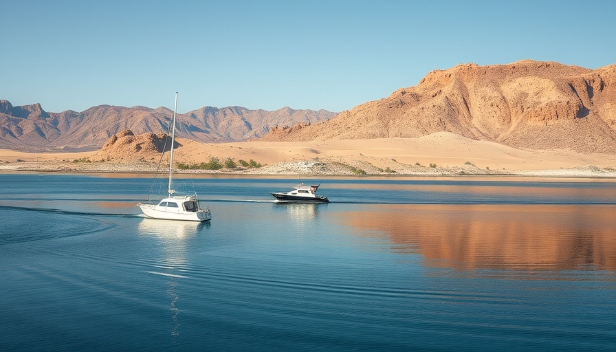Serene lakeside view with boats in desert landscape, relevant to Las Vegas water testing.