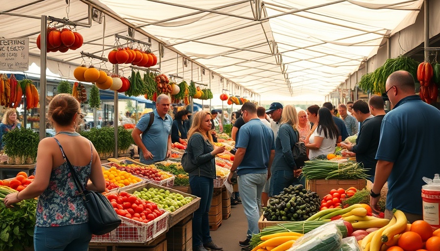 Farmers market nutrition program for seniors with colorful produce and shoppers.