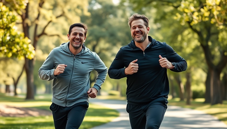 Two men training for Peachtree Road Race, running in park.