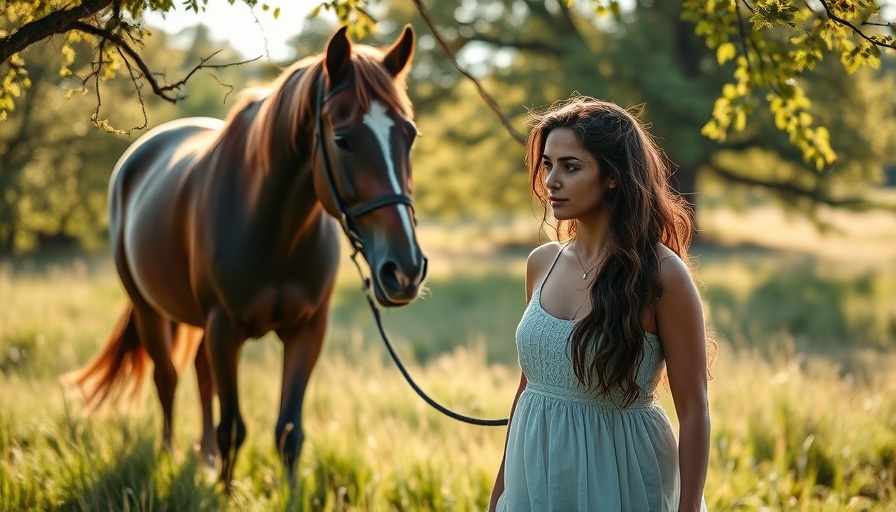 Serene woman with horse in green pasture, related to Nicki Bluhm's eighth studio album.