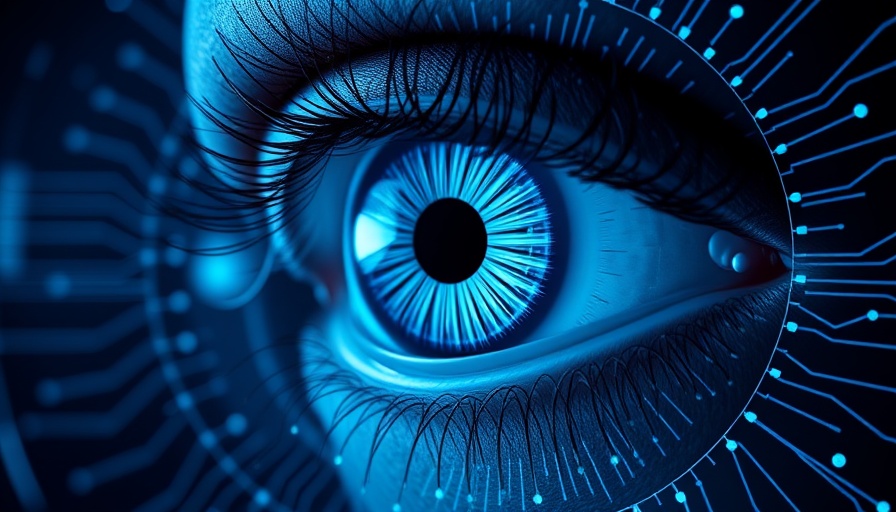 Futuristic eye symbolizing covert surveillance app data breach.