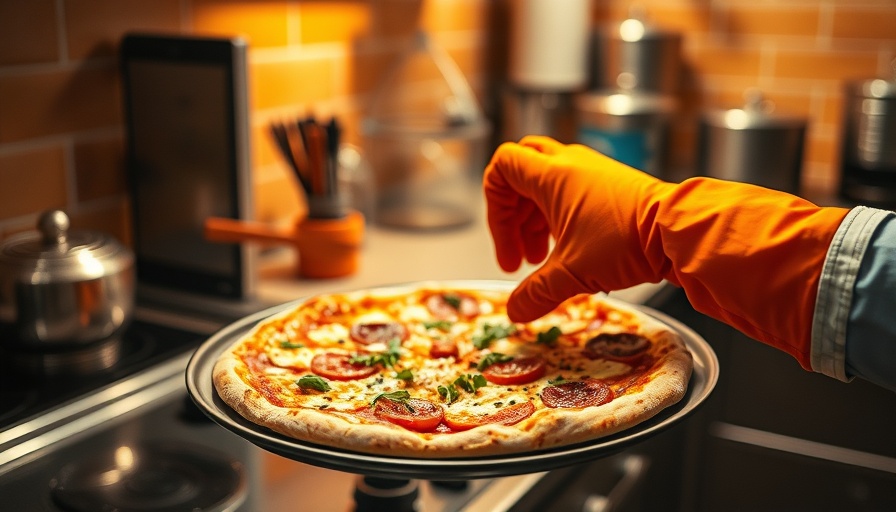 Pizza being reheated in oven with orange glove
