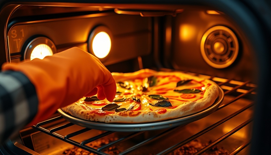 Reheating pizza in oven with orange glove close-up.