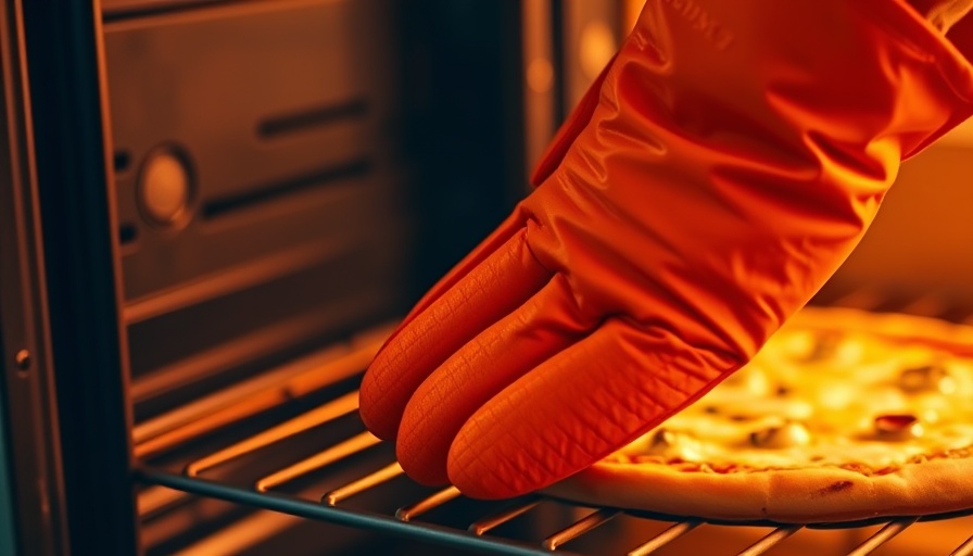 Close-up of a pizza being reheated in an oven with orange mitts.