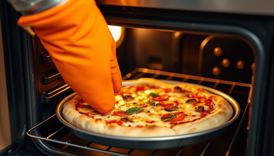 Reheat pizza in the oven using an orange oven mitt, close-up.