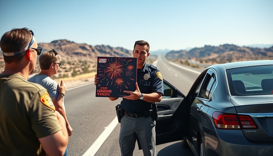 Police with fireworks box near car on Pahrump highway, desert backdrop.