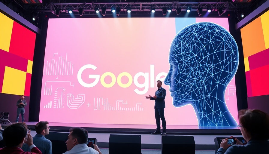 Google Antitrust complaint over AI Overviews: AI event stage with presentation.